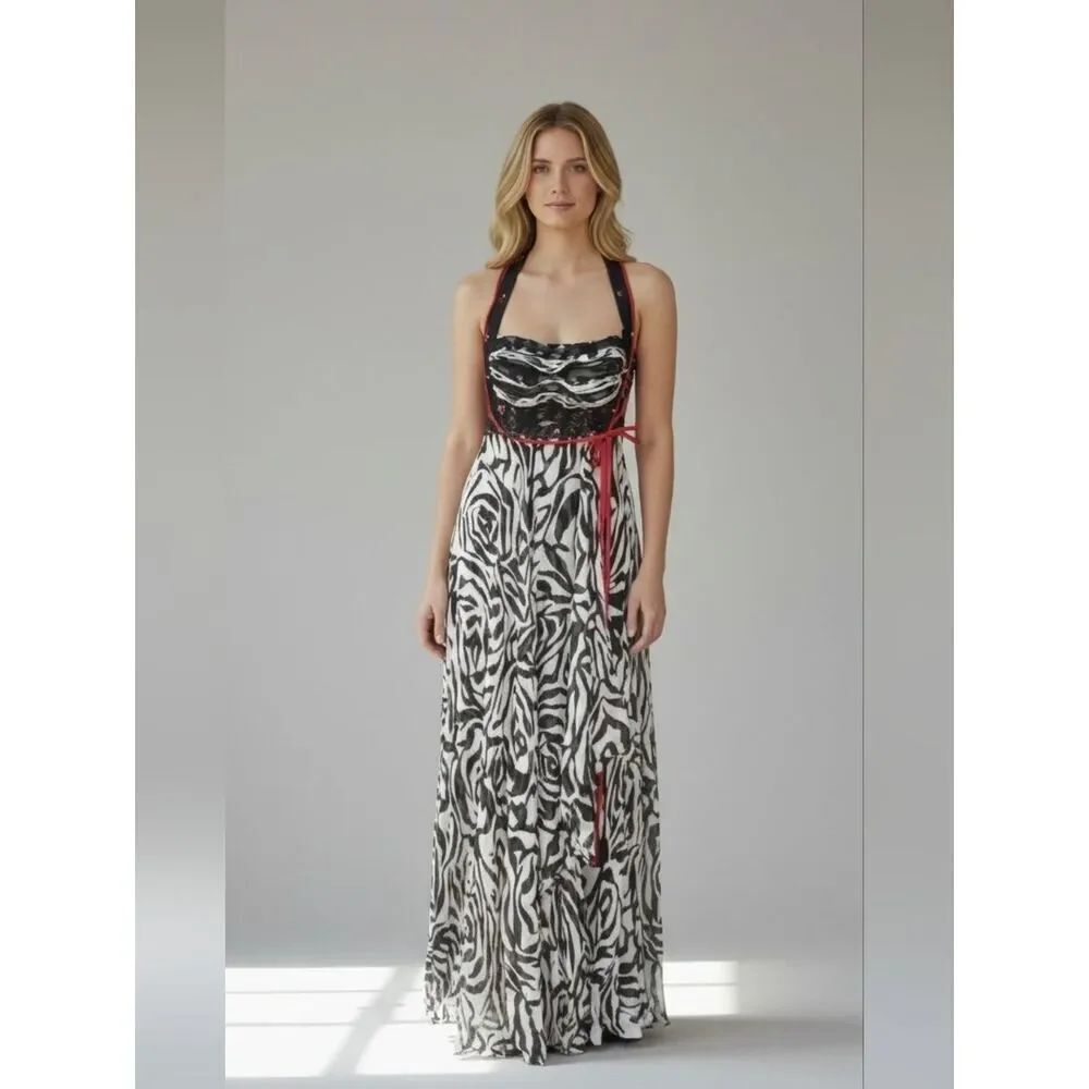 Vintage Y2K 90's Alberto Makali Silk Floor Length Halter Dress Maxi